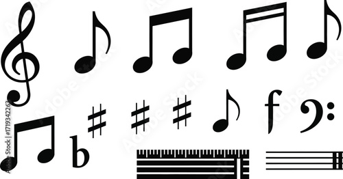 A collection of various musical symbols and notations, including treble clef, notes, sharps, flats, bass clef, and staff lines, arranged in a graphic composition.