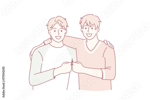 Friendship and positive emotions concept. Two young smiling happy men friends standing pulling fists together as symbol of unity and friendship vector illustration