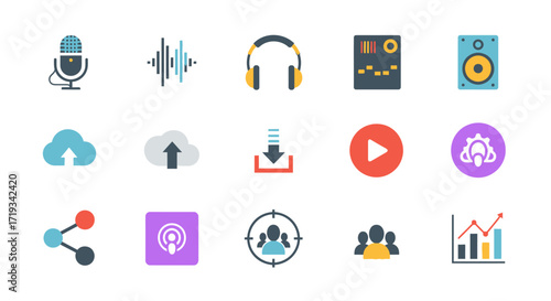 Colorful flat icon set for podcasting audio and music production.