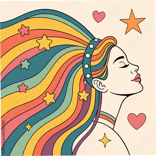 A woman with rainbow-striped hair, adorned with stars, faces right, surrounded by hearts and stars, in a dreamy, retro, pastel-toned illustration.
