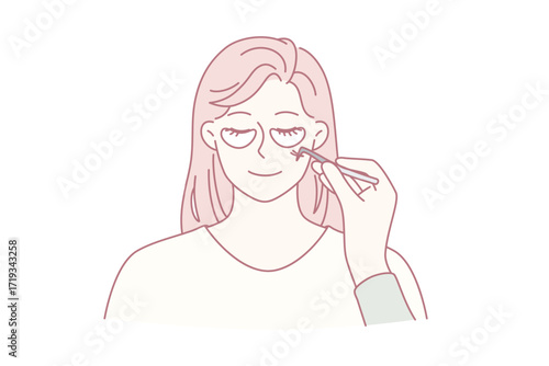Skincare and beauty treatment concept. Face of young smiling woman with patches below eyes and cosmetologist hand with tool making beauty treatment vector illustration
