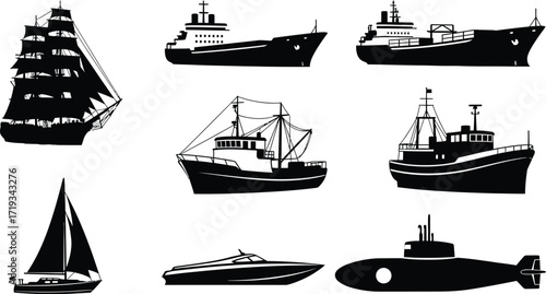 A collection of various boats and ships in silhouette, including a sailboat, a submarine, a fishing boat, and a large cargo ship, all in black against a white background.