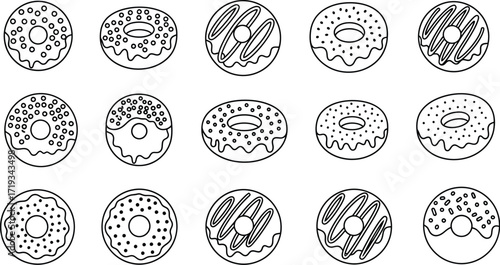 Fifteen outlined donuts are arranged in rows, each with a unique topping or glaze design, presented in a simple black and white illustration.