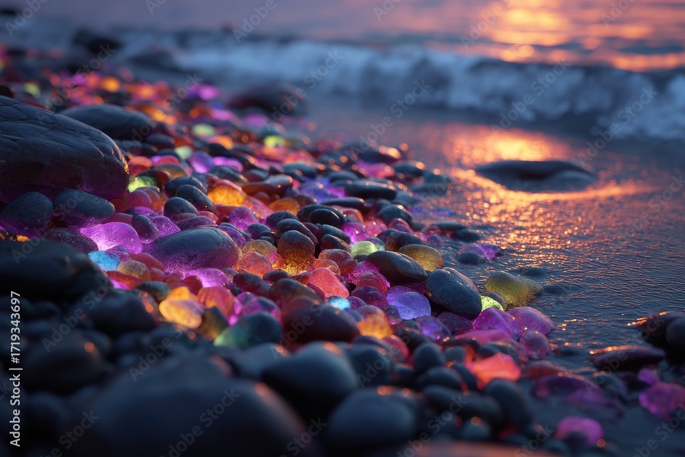 Obraz premium Colorful glowing sea glass and pebbles on a beach at sunset