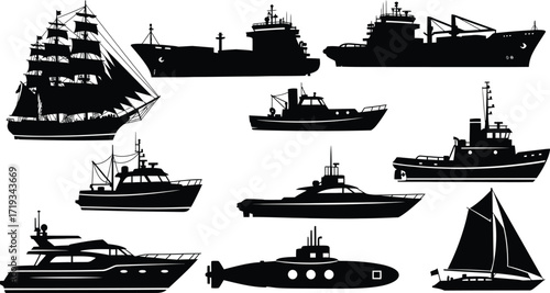 A collection of various maritime vessels, including a sailing ship, cargo ships, yachts, a submarine, and fishing boats, all depicted as black silhouettes ag...