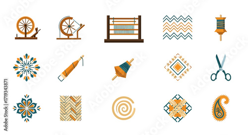 Colorful Icons of Traditional Weaving and Textile Crafts.
