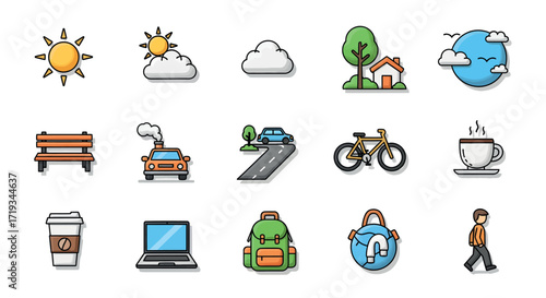 Collection of colorful icons representing various aspects of daily life and environment.