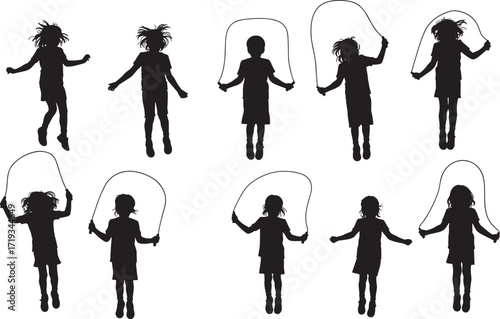 Children silhouettes jumping rope, kids playing with skipping rope, outdoor exercise, fitness activity, healthy lifestyle, sport, movement, fun illustration, vector design