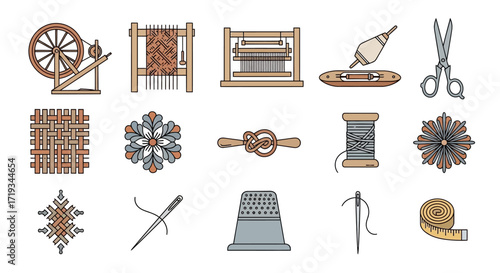 Colorful Weaving Sewing and Textile Craft Icon Set.