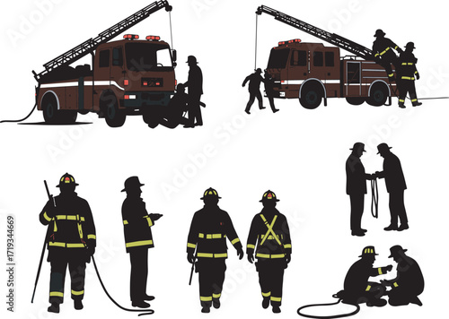 Firefighters with fire trucks in action, emergency rescue operation team, fire safety equipment, professional fire department workers, firefighter uniform illustration design