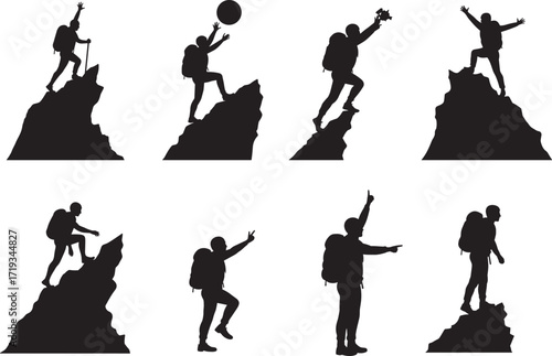 Silhouette climbers hiking and scaling mountain peaks with backpacks, adventure travel explorers celebrating success, outdoor climbing sport, extreme adventure silhouette illustration