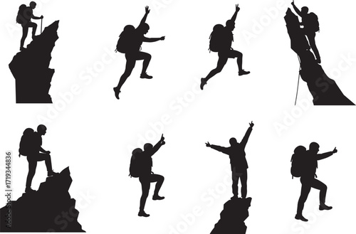 Silhouette climbers hiking and scaling mountain peaks with backpacks, adventure travel explorers celebrating success, outdoor climbing sport, extreme adventure silhouette illustration