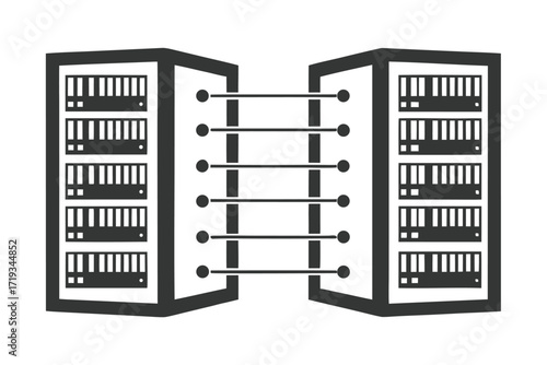 Isolated Data Center Racks with Servers Connecting with Cables on White Background
