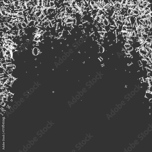 Flying latin letters. White chalk  scattered