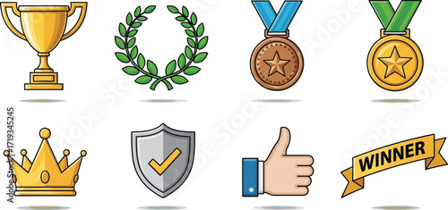 Collection of eight vector icons representing achievement, including a trophy, laurel wreath, medals, crown, shield, thumbs up, and winner banner.