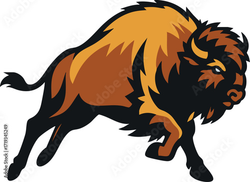 Bold bison charge, brown tones, strong graphic emblem