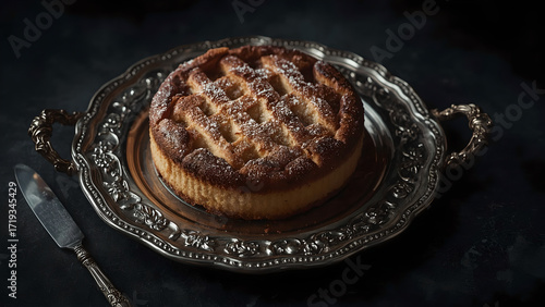 Homemade rustic fruit pie on ornate silver tray in dark moody lighting