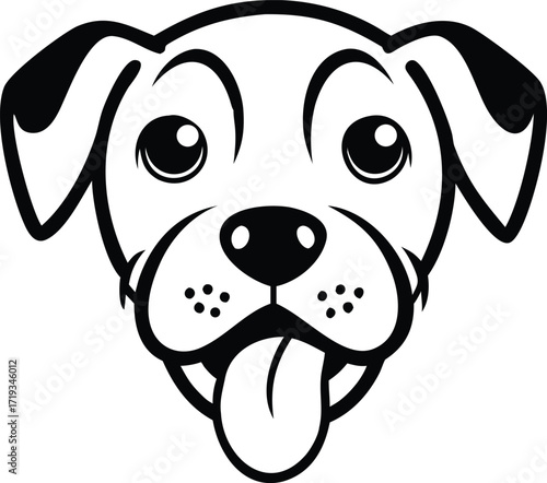 Cartoon black and white illustration of a happy dog face with tongue sticking out on a white background