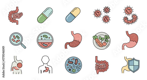Digestive System Health and Microbiome Icons.