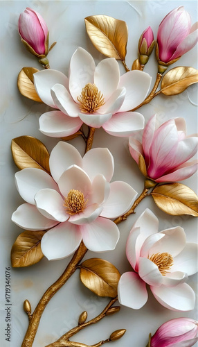 A detailed decorative design features magnolia flowers in bloom, showcasing petals with subtle pink gradients and intricate textures.