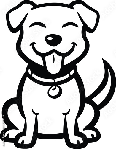 Cheerful Black and White Cartoon Dog with Tongue Out Sitting on White Background canine animal