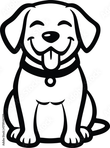 Cartoon black and white line drawing of a happy dog sitting with its tongue out puppy illustration