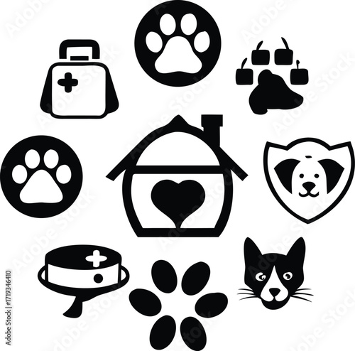 Collection of black and white icons representing veterinary care, pet adoption, and animal services