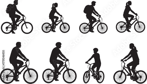Silhouette people riding bicycles with backpacks, family cycling outdoor activity, healthy lifestyle, fitness exercise, leisure travel sport, bicycle silhouette illustration design