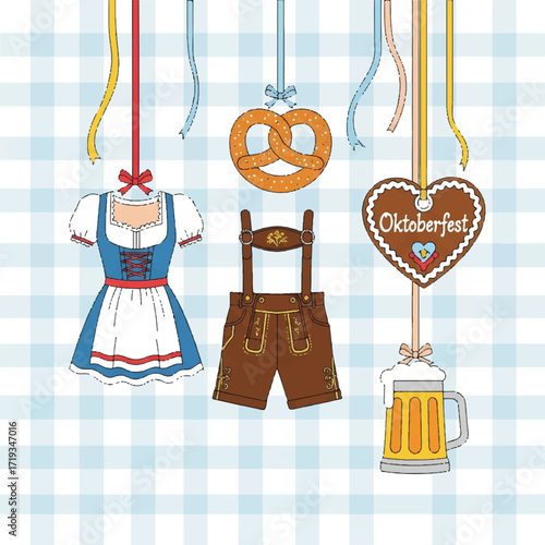 Illustration of Oktoberfest celebration items hanging from ribbons against a blue and white checkered background.