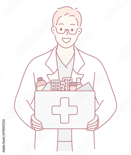 A cheerful pharmacy professional happily carrying a box filled with various important medical supplies