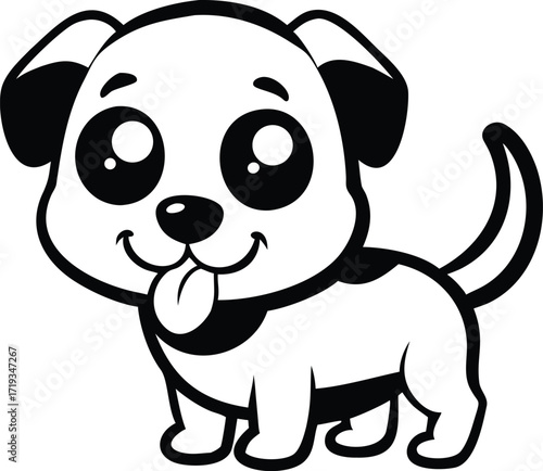 Cute Cartoon Black and White Puppy Dog with Tongue Out on White Background vector illustration
