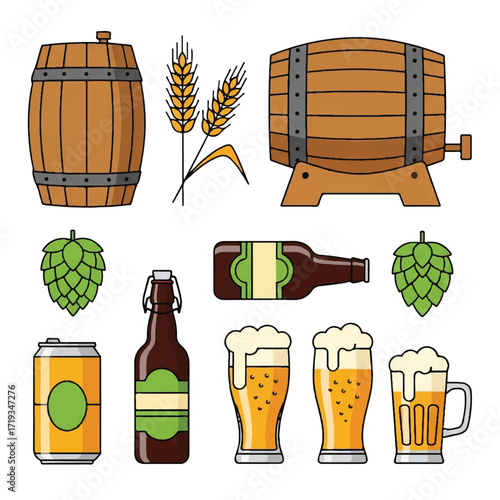 Flat lay illustration of Oktoberfest celebration elements including beer barrels, bottles, glasses, hops, and wheat on a white background.