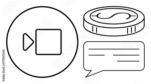 Video play symbol in circle, coin with dollar icon, speech bubble with lines. Ideal for digital media, communication tools, online payments, finance, messaging apps, virtual meetings simple flat