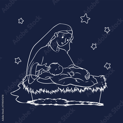 Illustration of Nativity scene with Virgin Mary holding baby Jesus in a manger on dark blue background