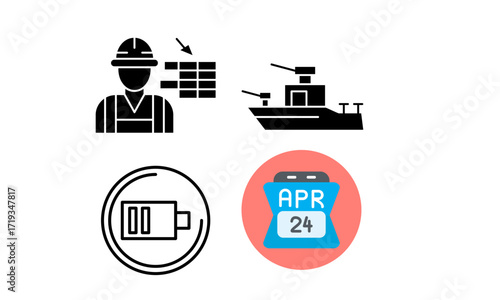 Four distinct icons representing various concepts: a construction worker, a warship, a battery charge indicator, and a calendar showing April 24.