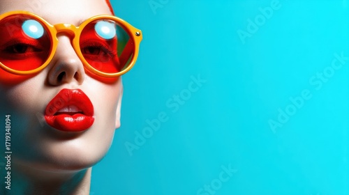An elegant close-up captures a stylish woman with striking red lips wearing round, oversized yellow sunglasses set against a calming turquoise background.
