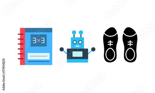 Illustration of a notebook, robot, and shoes on a white background.