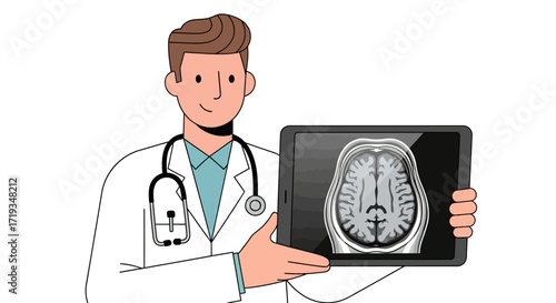 Illustration of a smiling doctor in a white coat holding a tablet displaying a brain scan MRI image.
