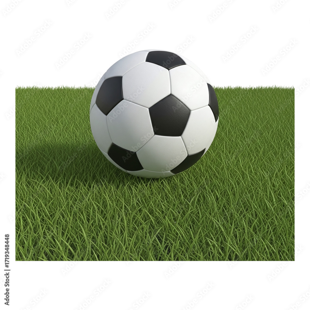 Obraz premium A classic black and white soccer ball rests on a vibrant green grass field with a transparent background