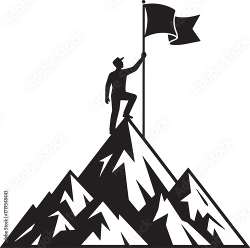 Silhouette of a Climber Reaching the Summit and Planting a Flag on Top of a Mountain Peak