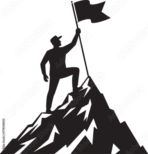 Silhouette of a Person Reaching the Summit with a Flag on a Mountain Peak Against Transparent Backdrop