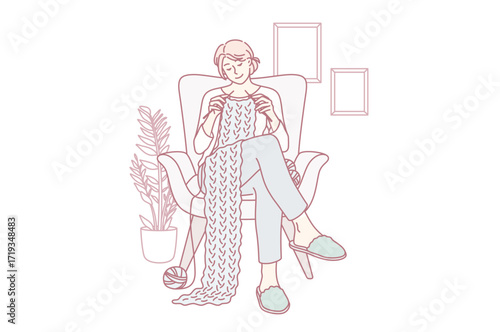 Knitting and Home hobbies concept. Young smiling woman cartoon character sitting at home in armchair knitting scarf with wool enjoying hobby vector illustration