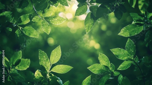 Close up of green leaves with sunlight filtering through. Concept of nature and tranquility.