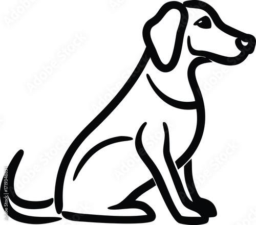 Simple Black Outline Drawing of a Sitting Dog in Profile View canine animal