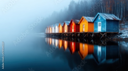 A serene image of brightly colored wooden houses standing proudly on stilts by a misty lake, perfectly reflected in the calm waters, evoking tranquility and peacefulness.