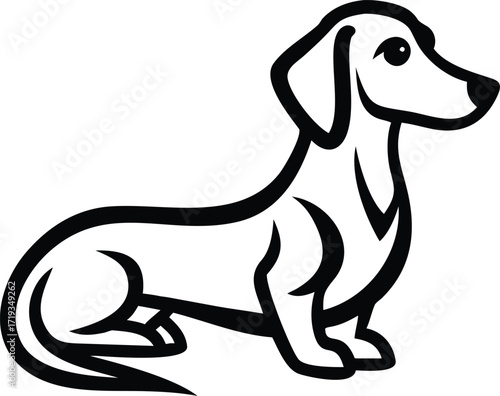 Stylized black and white line art illustration of a dachshund dog sitting in profile on a white background