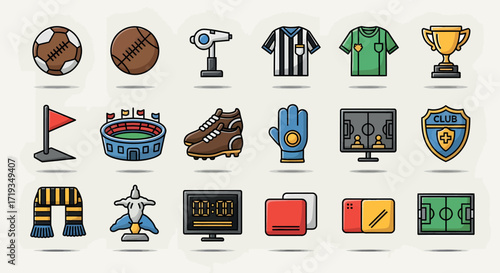 A collection of flat design icons representing various elements and equipment associated with the sport of soccer.