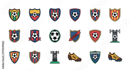 Collection of flat design soccer and football icons including shields, balls, shoes, and goalposts on a white background.