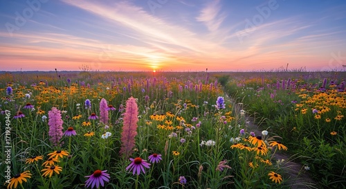 Sunrise paints a prairie tapestry, showcasing an array of wildflowers in full bloom with gentle sky colors blending