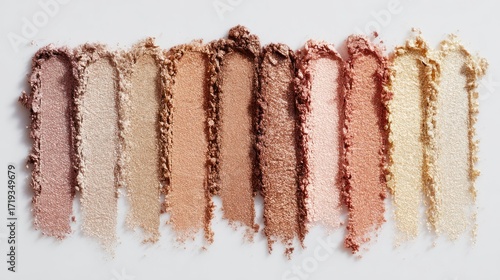 soft shimmer eyeshadow swatches in neutral nude pink peach rose gold tones on white background; bold color gradient showcasing texture and finish for beauty makeup, product catalogs, and editorial use